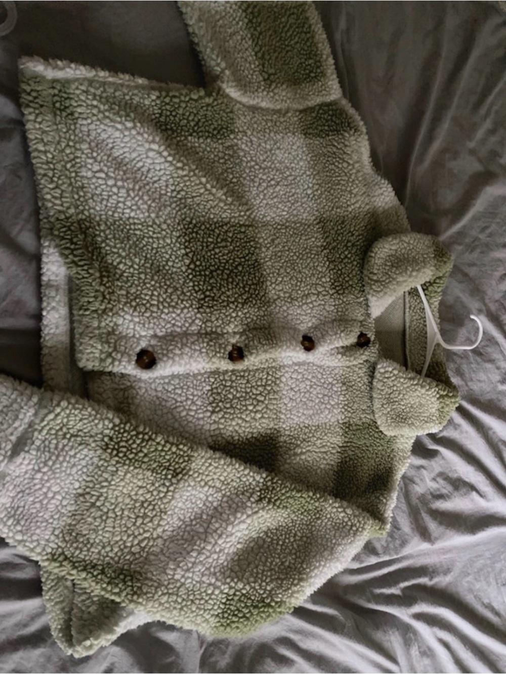 SHEIN Kids Checked Sherpa Button-Up Jacket in Sage and Cream